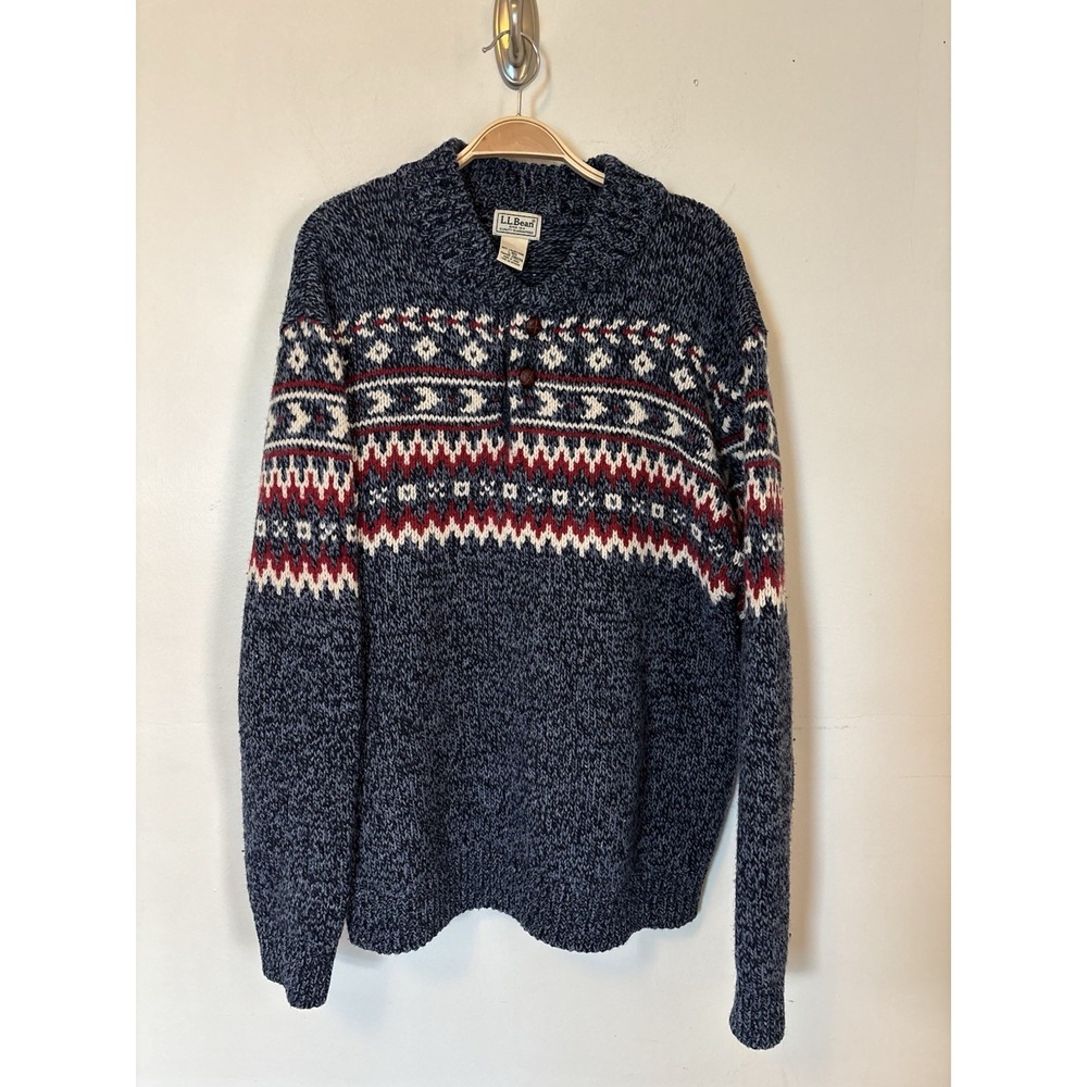 L.L.Bean Men's Sweater 100% Lambswool Fair Isle Large Blue Mock Neck Ski